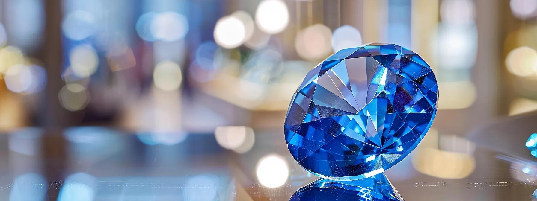 a close-up view of a flawlessly crafted synthetic sapphire, showcased on a sleek, reflective surface in a modern jewelry display, highlighting its uniform color and crystal clarity against a minimalist urban backdrop.