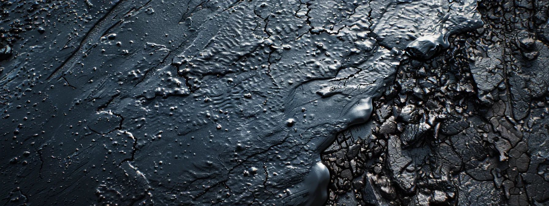 a close-up view of workers applying a smooth, fresh layer of dark asphalt onto a well-worn road surface, highlighting the vibrant texture and precision of the asphalt overlay technique in an urban paving project.