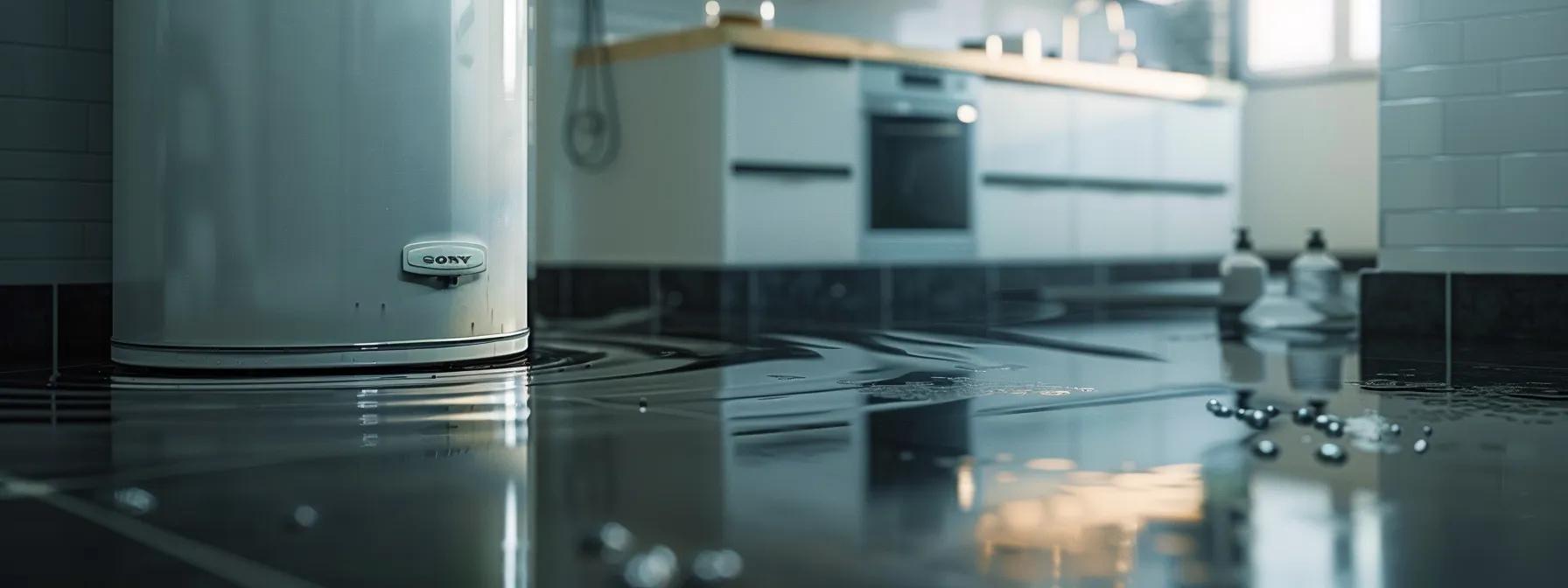 a close-up view of a modern water heater in a sleek utility room, with water pooling around its base, highlighting the urgent issue of a leak in a clean and organized space. a close-up view of a modern water heater in a sleek utility room, with water pooling around its base, highlighting the urgent issue of a leak in a clean and organized space.
