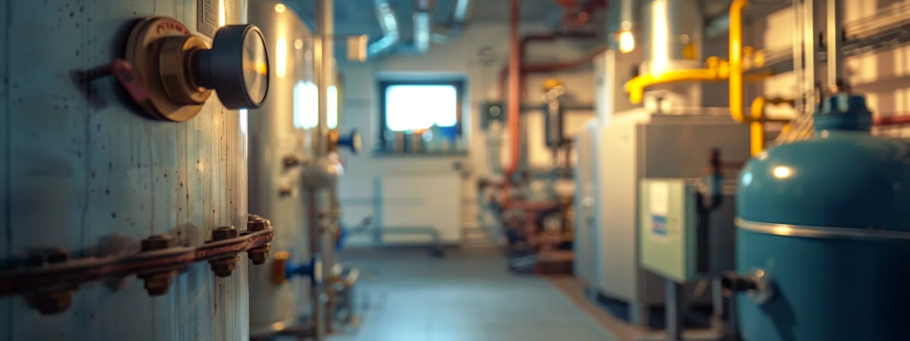 a close-up view of a modern boiler system in a well-lit, organized utility room, highlighting visible signs of wear and malfunction such as rust, leaks, and error indicators.