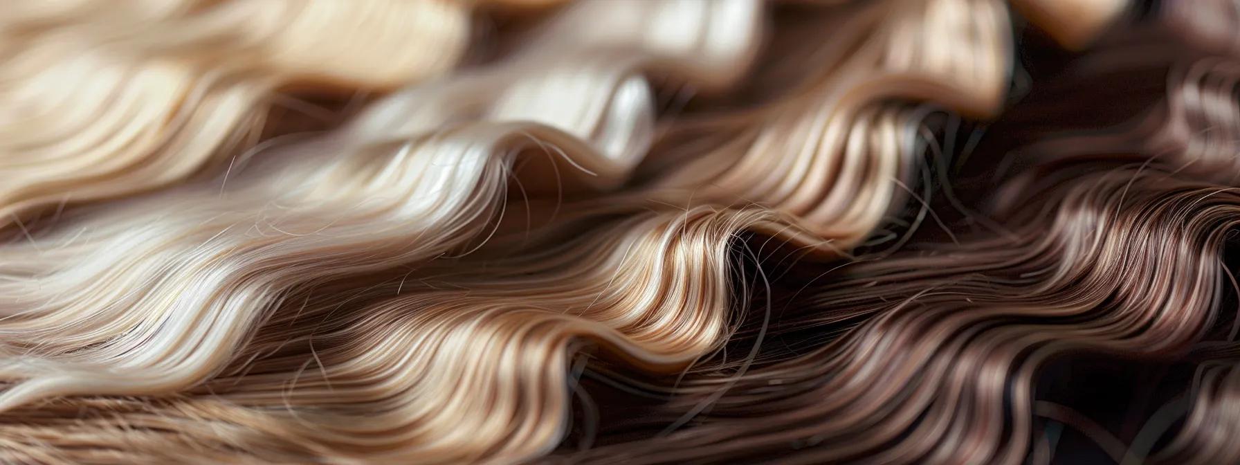 a close-up shot of luxurious natural weft hair extensions neatly arranged on a sleek, modern vanity, showcasing their glossy texture and rich colors under soft, focused studio lighting. a close-up shot of luxurious natural weft hair extensions neatly arranged on a sleek, modern vanity, showcasing their glossy texture and rich colors under soft, focused studio lighting.