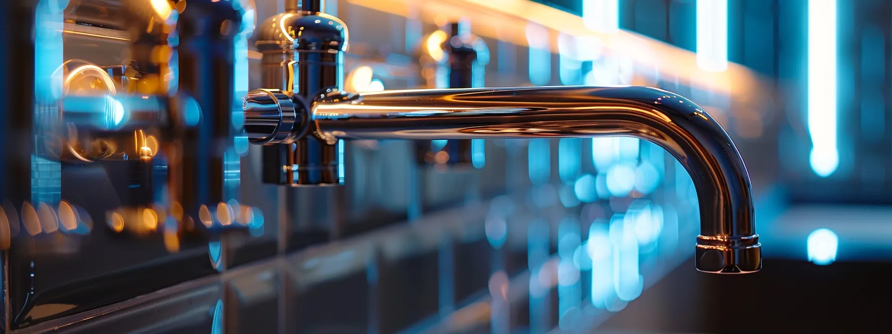 a close-up shot of a modern plumbing system featuring shiny, interconnected pipes gleaming under bright fluorescent lights, symbolizing optimal water functionality and sustainable practices in a well-maintained environment.