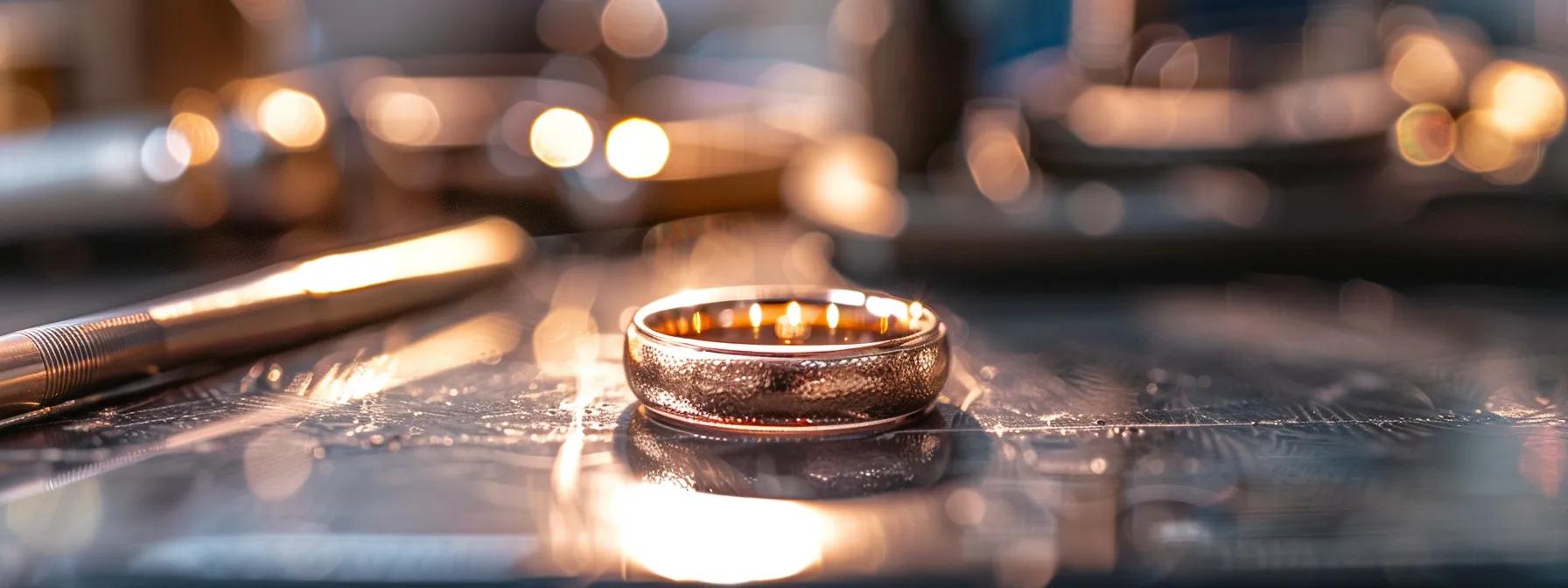 a close-up shot of a stunning custom tungsten wedding band, elegantly displayed on a sleek, modern desk surrounded by tools of craftsmanship, highlighting its unique engravings and polished finish under soft, focused lighting. a close-up shot of a stunning custom tungsten wedding band, elegantly displayed on a sleek, modern desk surrounded by tools of craftsmanship, highlighting its unique engravings and polished finish under soft, focused lighting.