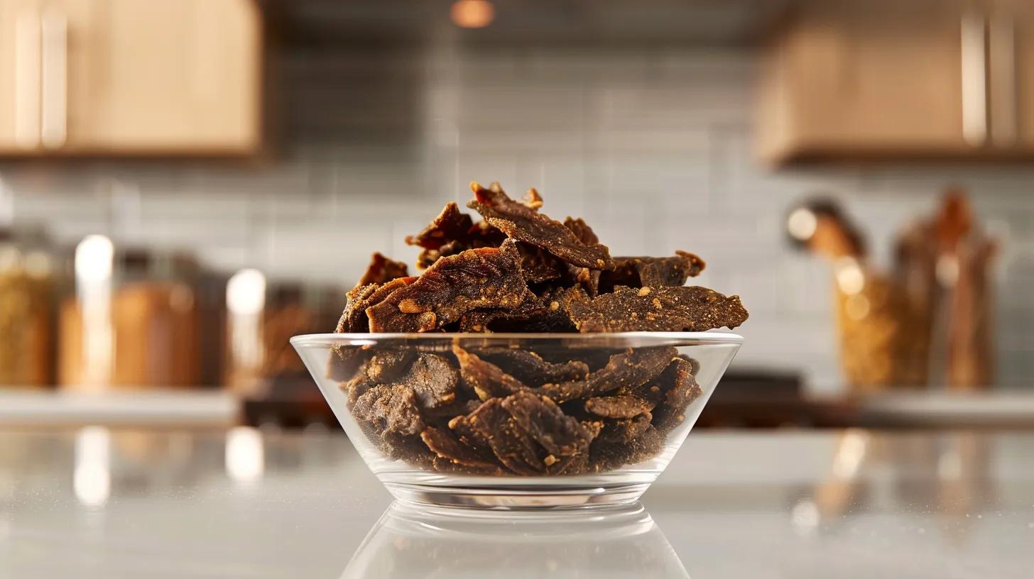 a close-up shot of a vibrant, modern dog food station in a sleek kitchen, featuring a bowl filled with appetizing chicken jerky pieces, highlighting their rich texture and appealing color against a clean, stylish backdrop. a close-up shot of a vibrant, modern dog food station in a sleek kitchen, featuring a bowl filled with appetizing chicken jerky pieces, highlighting their rich texture and appealing color against a clean, stylish backdrop.