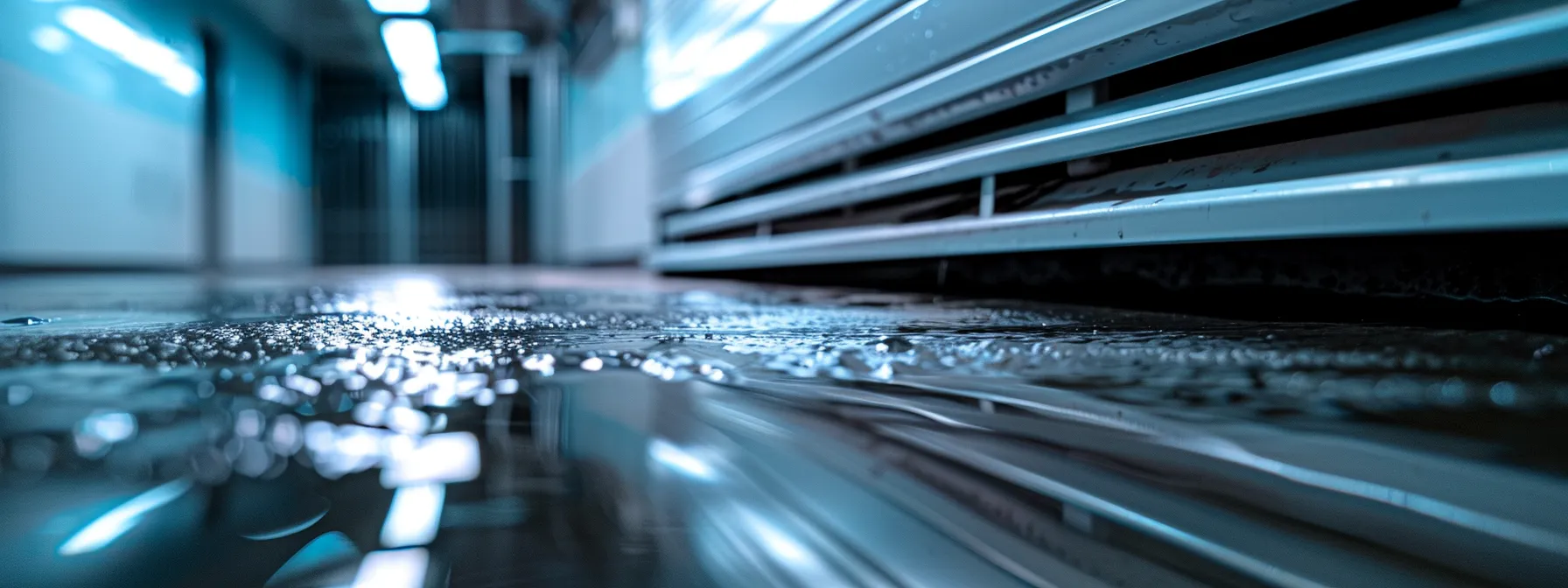 a close-up view of a malfunctioning air conditioning unit, prominently featuring water pooling on the floor beneath it, illuminated by harsh fluorescent office lighting that emphasizes the urgency of the leak’s repair. a close-up view of a malfunctioning air conditioning unit, prominently featuring water pooling on the floor beneath it, illuminated by harsh fluorescent office lighting that emphasizes the urgency of the leak’s repair.