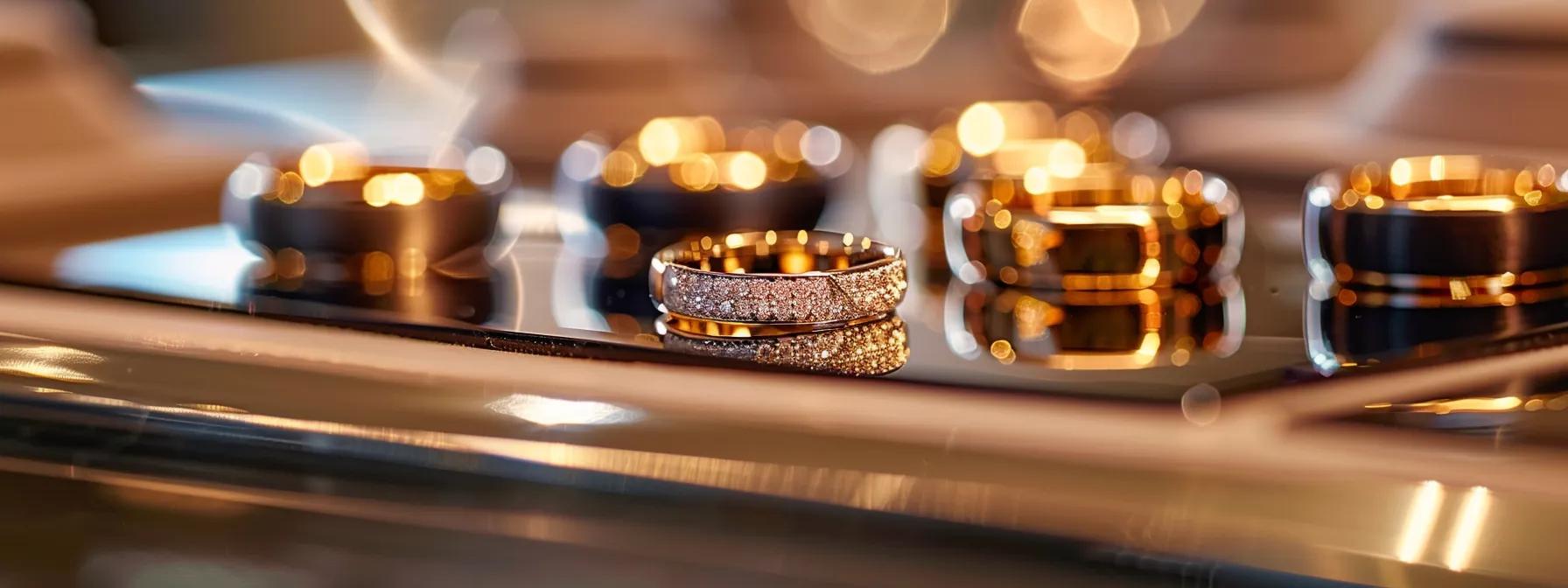 a close-up shot in a modern, elegant jewelry studio showcases a variety of unique, custom wedding bands made from alternative metals, each meticulously displayed on a sleek, polished countertop, highlighting their intricate designs and artisan craftsmanship against a softly lit backdrop. a close-up shot in a modern, elegant jewelry studio showcases a variety of unique, custom wedding bands made from alternative metals, each meticulously displayed on a sleek, polished countertop, highlighting their intricate designs and artisan craftsmanship against a softly lit backdrop.
