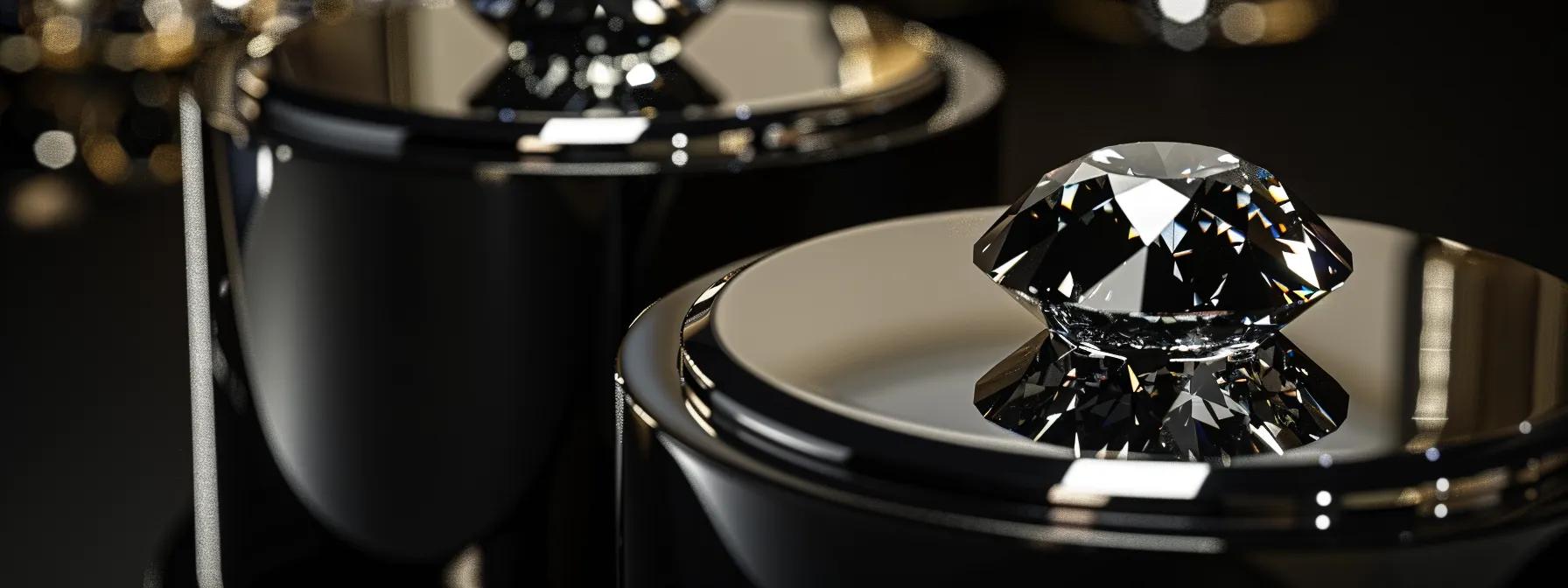 a close-up view of a luxurious black diamond set against a sleek, polished black velvet background, highlighting its multifaceted brilliance and unique allure in a high-end jewelry showroom. a close-up view of a luxurious black diamond set against a sleek, polished black velvet background, highlighting its multifaceted brilliance and unique allure in a high-end jewelry showroom.