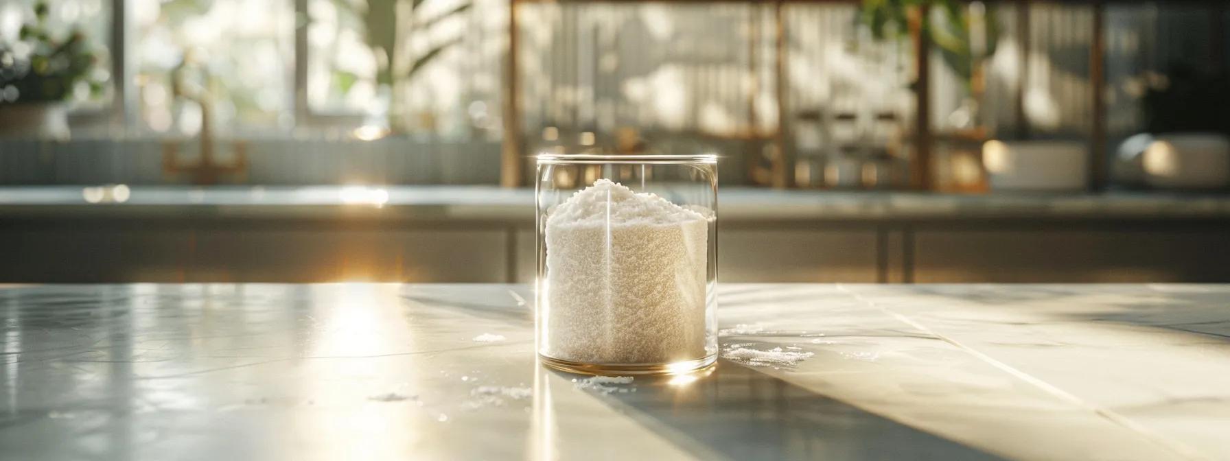a close-up of a clear glass container filled with pure, high-quality protein powder, positioned on a sleek marble countertop, illuminated by soft overhead lighting that highlights the texture and purity, symbolizing transparency and trust in the manufacturing process.