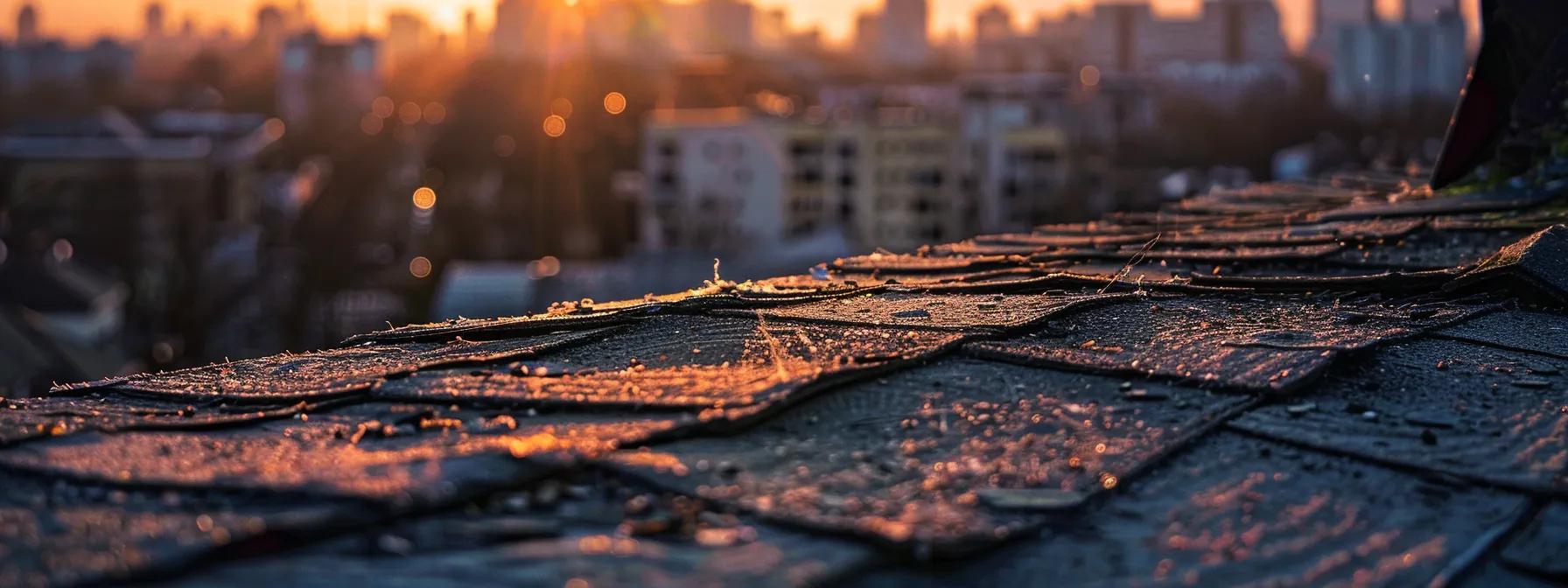 a close-up view of weathered asphalt shingles on a rooftop reveals significant granule loss, showcasing their deteriorating condition against a backdrop of a stark urban skyline, illuminated by late afternoon sunlight. a close-up view of weathered asphalt shingles on a rooftop reveals significant granule loss, showcasing their deteriorating condition against a backdrop of a stark urban skyline, illuminated by late afternoon sunlight.