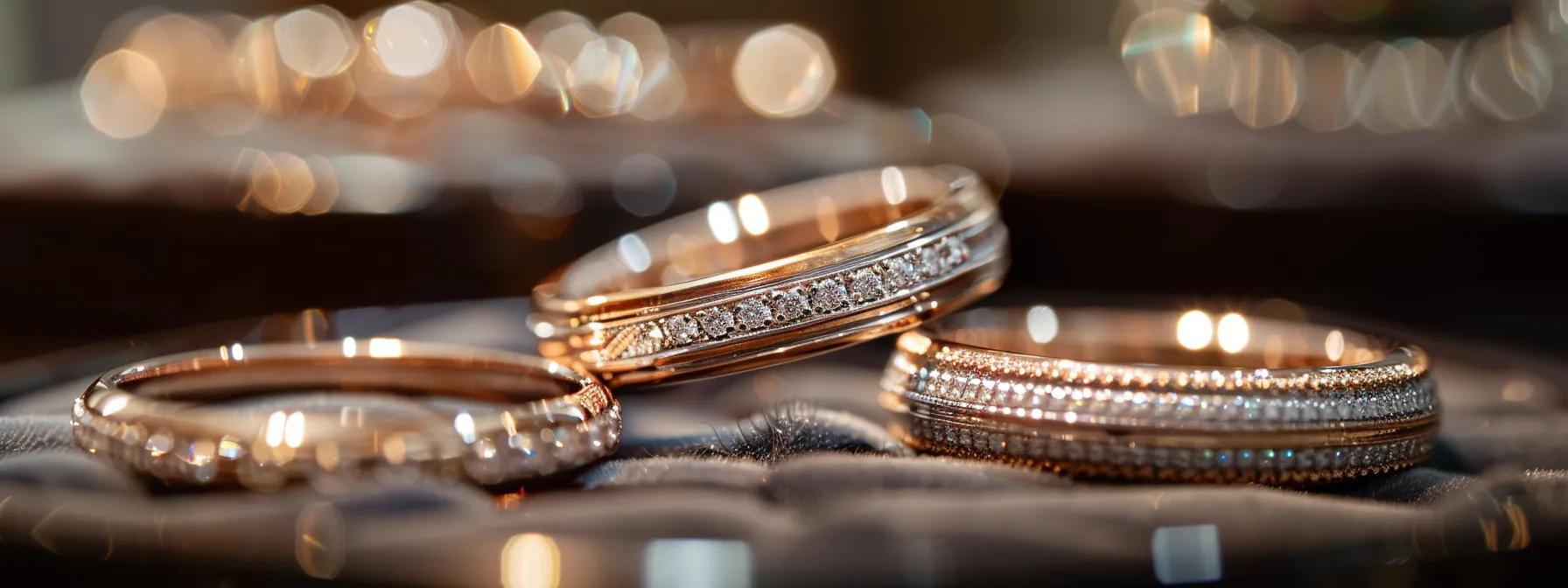 a close-up of elegantly crafted matching wedding bands made of platinum and rose gold displayed on a luxurious velvet surface, capturing their intricate designs and reflecting light in a softly lit upscale jewelry showroom. a close-up of elegantly crafted matching wedding bands made of platinum and rose gold displayed on a luxurious velvet surface, capturing their intricate designs and reflecting light in a softly lit upscale jewelry showroom.