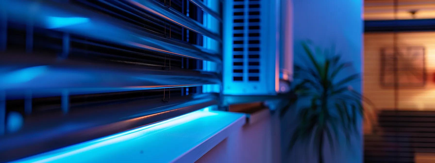a close-up view of an indoor air conditioning unit showcasing pristine evaporator coils, surrounded by a modern urban home interior, illuminated by vibrant artificial lighting to emphasize the importance of clean coils for optimal cooling performance in maryland's climate.