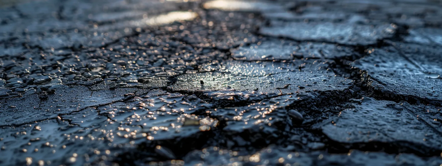 a close-up view of a freshly filled asphalt crack, showcasing rich, dark textures and smooth, glistening sealant, set against an urban backdrop of a well-maintained parking lot, reflecting the importance of proactive asphalt maintenance.