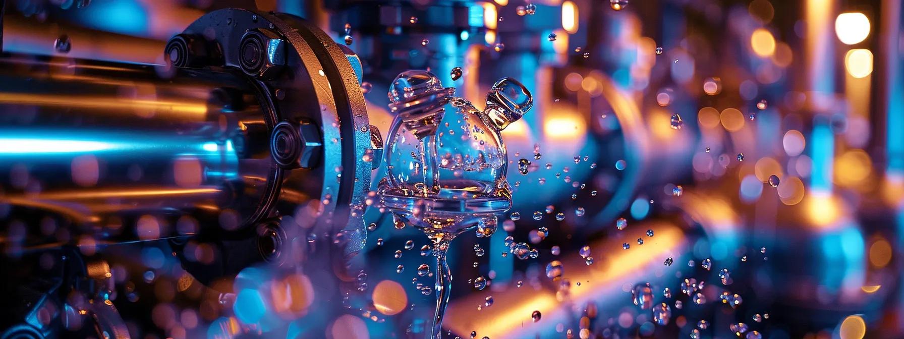 a close-up shot of a shiny metal globe valve positioned on a complex network of modern plumbing pipes, with vibrant water droplets and a dimly lit industrial background, highlighting its purpose of precise water pressure regulation.