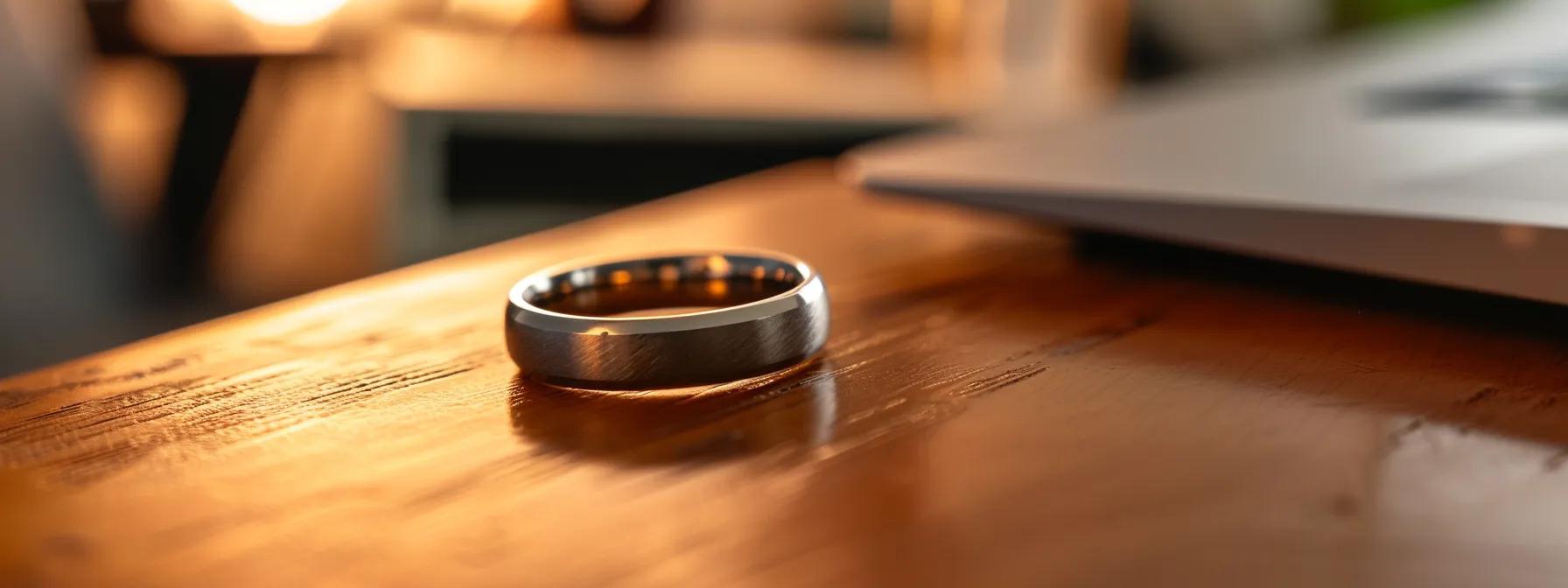 a close-up shot of a beautifully crafted tungsten wedding band placed on a sleek, modern wooden desk, illuminated by soft, warm office lighting, showcasing its intricate engraving and polished finish against an elegant backdrop of sophisticated office decor, emphasizing its durability and contemporary style. a close-up shot of a beautifully crafted tungsten wedding band placed on a sleek, modern wooden desk, illuminated by soft, warm office lighting, showcasing its intricate engraving and polished finish against an elegant backdrop of sophisticated office decor, emphasizing its durability and contemporary style.