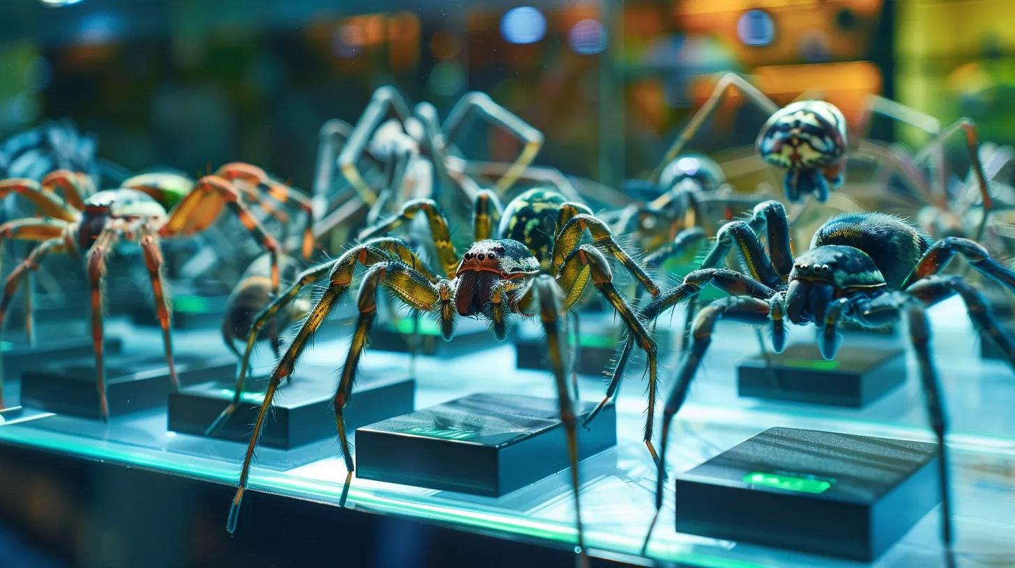 a close-up view of a variety of detailed spider specimens displayed on a sleek glass surface, showcasing their distinctive body segments, leg counts, and unique coloring under focused artificial lighting in a modern laboratory setting. a close-up view of a variety of detailed spider specimens displayed on a sleek glass surface, showcasing their distinctive body segments, leg counts, and unique coloring under focused artificial lighting in a modern laboratory setting.