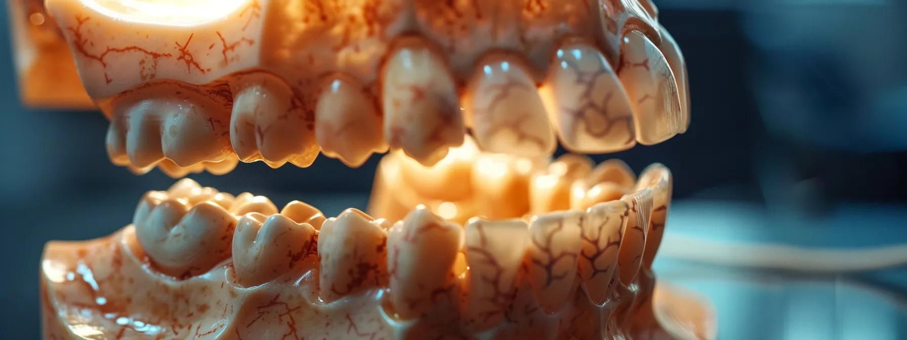 a close-up view of a dental model showcasing visibly flawed teeth with mottled enamel, illuminated by stark overhead office lights, emphasizing the stark consequences of vitamin d deficiency on oral health in a sterile clinic environment. a close-up view of a dental model showcasing visibly flawed teeth with mottled enamel, illuminated by stark overhead office lights, emphasizing the stark consequences of vitamin d deficiency on oral health in a sterile clinic environment.