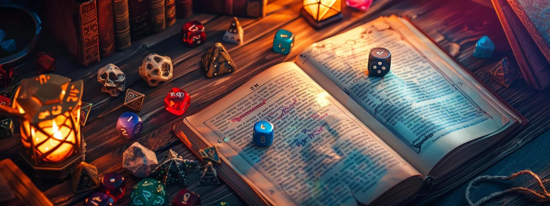 a close-up shot of a vibrant tabletop surrounded by intricate dungeons & dragons game materials, including colorful dice, character sheets, and an open campaign book, set within a cozy and inviting room that captures the essence of enriching social engagement and storytelling. a close-up shot of a vibrant tabletop surrounded by intricate dungeons & dragons game materials, including colorful dice, character sheets, and an open campaign book, set within a cozy and inviting room that captures the essence of enriching social engagement and storytelling.