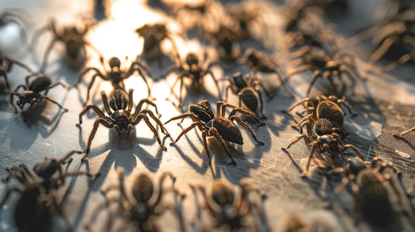 a close-up view of various common household spiders displayed on a sleek, modern kitchen counter, with a soft, diffused spotlight highlighting their unique patterns and shapes, emphasizing their role in natural pest control. a close-up view of various common household spiders displayed on a sleek, modern kitchen counter, with a soft, diffused spotlight highlighting their unique patterns and shapes, emphasizing their role in natural pest control.