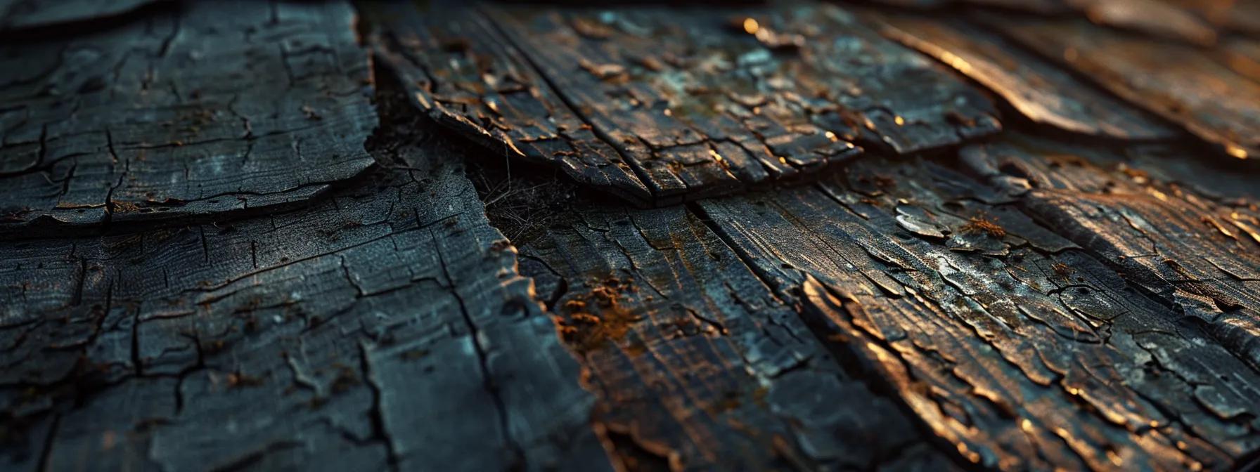 a close-up view of a weathered rooftop, showcasing noticeable sagging, cracked shingles, and rusting flashings under dramatic lighting, capturing the urgent need for replacement in a candid urban setting.