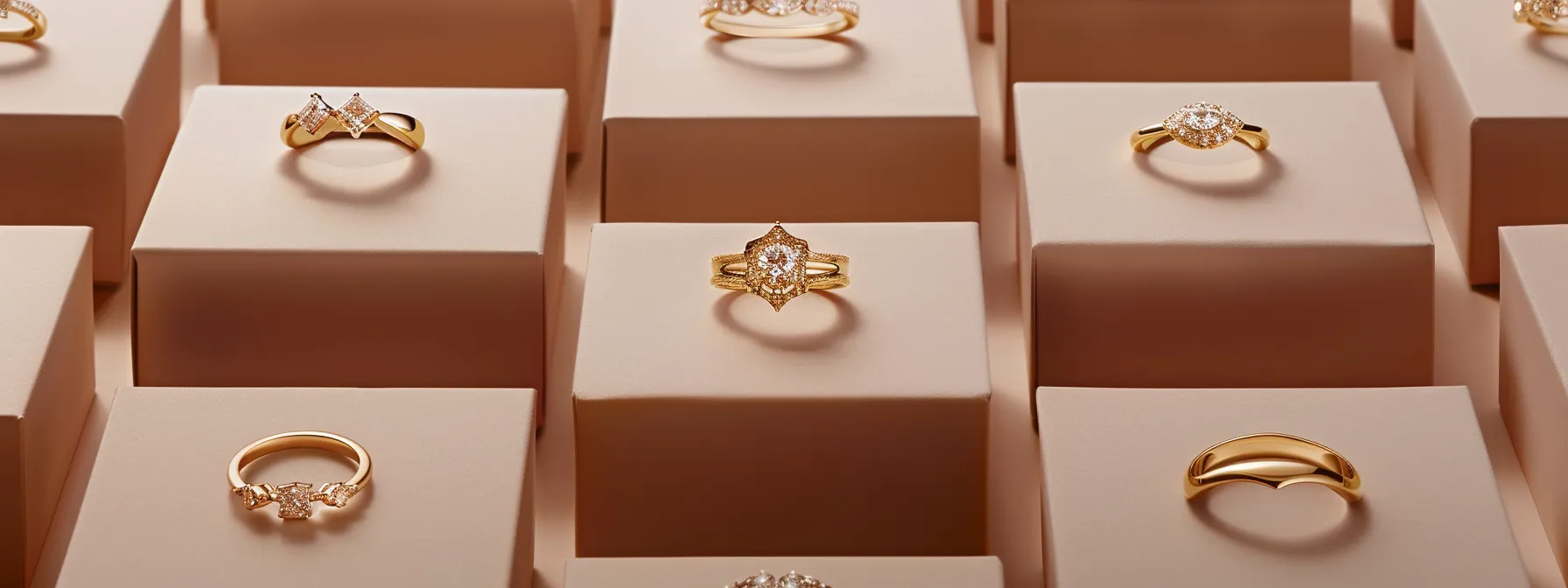 a close-up display of exquisite women's rings ranging from minimalist to classic designs, elegantly arranged on a soft, neutral background to highlight their unique styles and craftsmanship. a close-up display of exquisite women's rings ranging from minimalist to classic designs, elegantly arranged on a soft, neutral background to highlight their unique styles and craftsmanship.