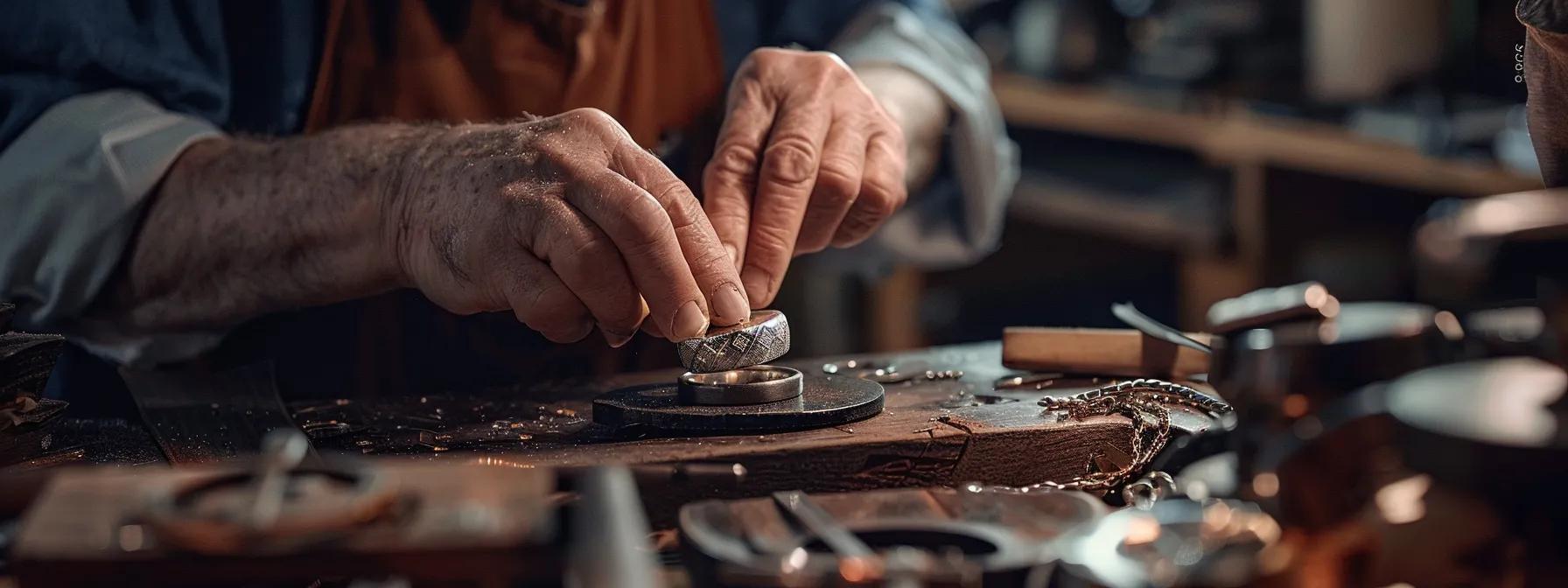 a close-up shot of an artisan jeweler intricately shaping a unique men's wedding band in a modern workshop, showcasing the tools and materials of craftsmanship under soft, focused lighting. a close-up shot of an artisan jeweler intricately shaping a unique men's wedding band in a modern workshop, showcasing the tools and materials of craftsmanship under soft, focused lighting.