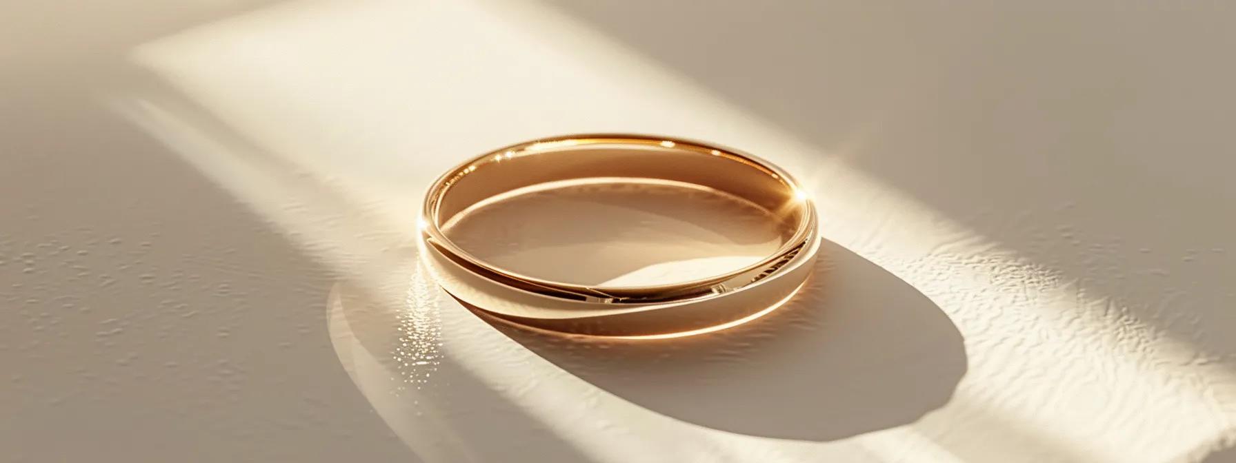 a close-up of a radiant gold wedding band resting on a soft, white surface, showcasing its smooth, polished surface glimmering in gentle, natural light, which highlights the intricate details and enhances the theme of timeless elegance and care. a close-up of a radiant gold wedding band resting on a soft, white surface, showcasing its smooth, polished surface glimmering in gentle, natural light, which highlights the intricate details and enhances the theme of timeless elegance and care.