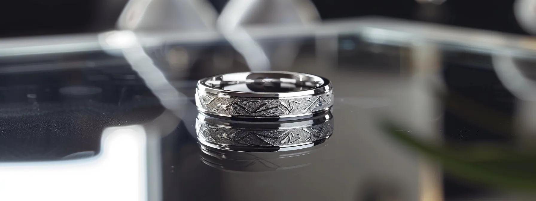 a close-up shot of a stunning tungsten wedding band, featuring intricate laser-etched designs, placed elegantly on a sleek, reflective surface in a modern office setting, highlighting its personalization and premium quality. a close-up shot of a stunning tungsten wedding band, featuring intricate laser-etched designs, placed elegantly on a sleek, reflective surface in a modern office setting, highlighting its personalization and premium quality.
