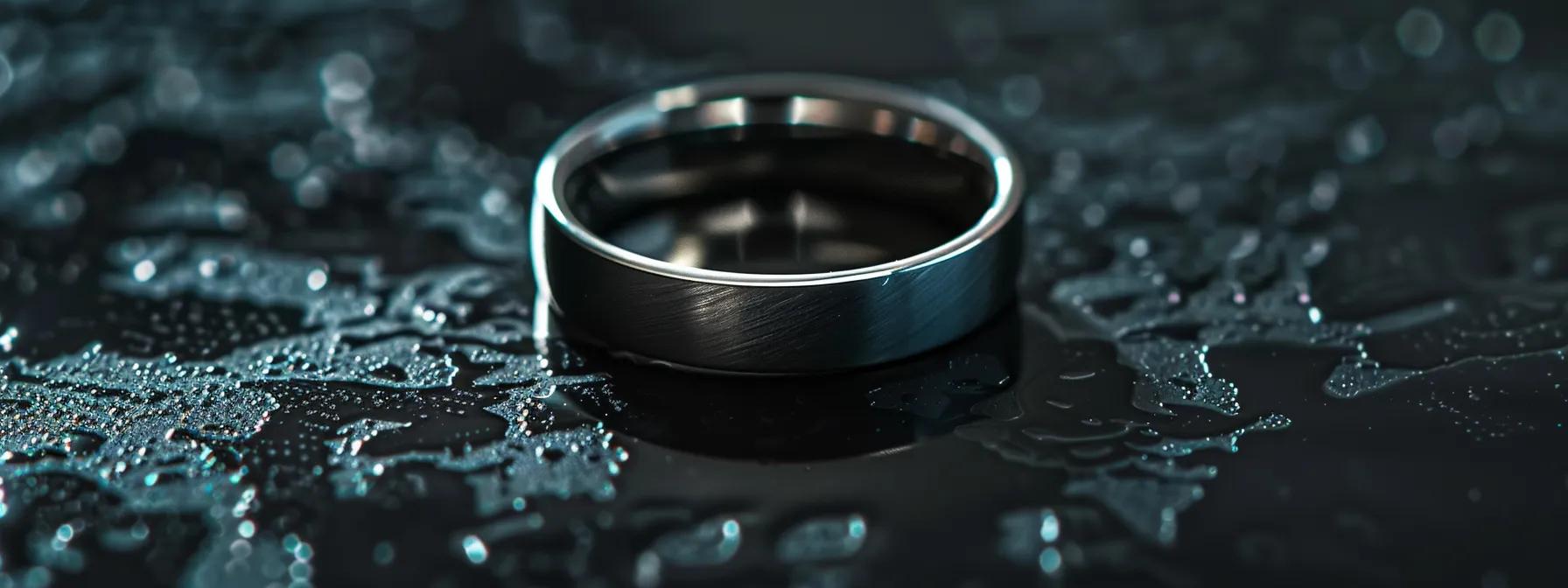 a close-up shot of a striking tungsten wedding band from forged union, elegantly displayed on a sleek matte black surface, highlighting its unique design and modern craftsmanship under soft, focused studio lighting. a close-up shot of a striking tungsten wedding band from forged union, elegantly displayed on a sleek matte black surface, highlighting its unique design and modern craftsmanship under soft, focused studio lighting.