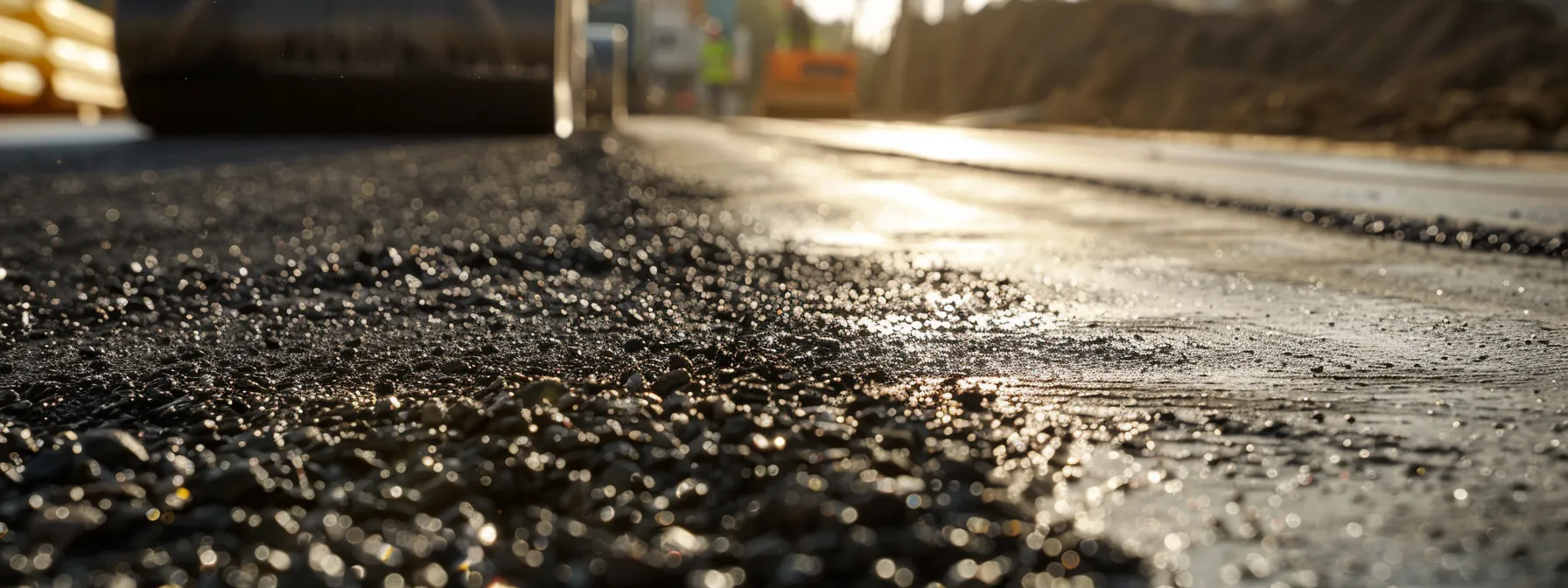 a close-up view of a construction site in riverside showcases freshly laid asphalt and concrete sections, contrasted against the harsh, sun-baked backdrop of a dry urban landscape, accentuating the impact of the local climate on paving materials.
