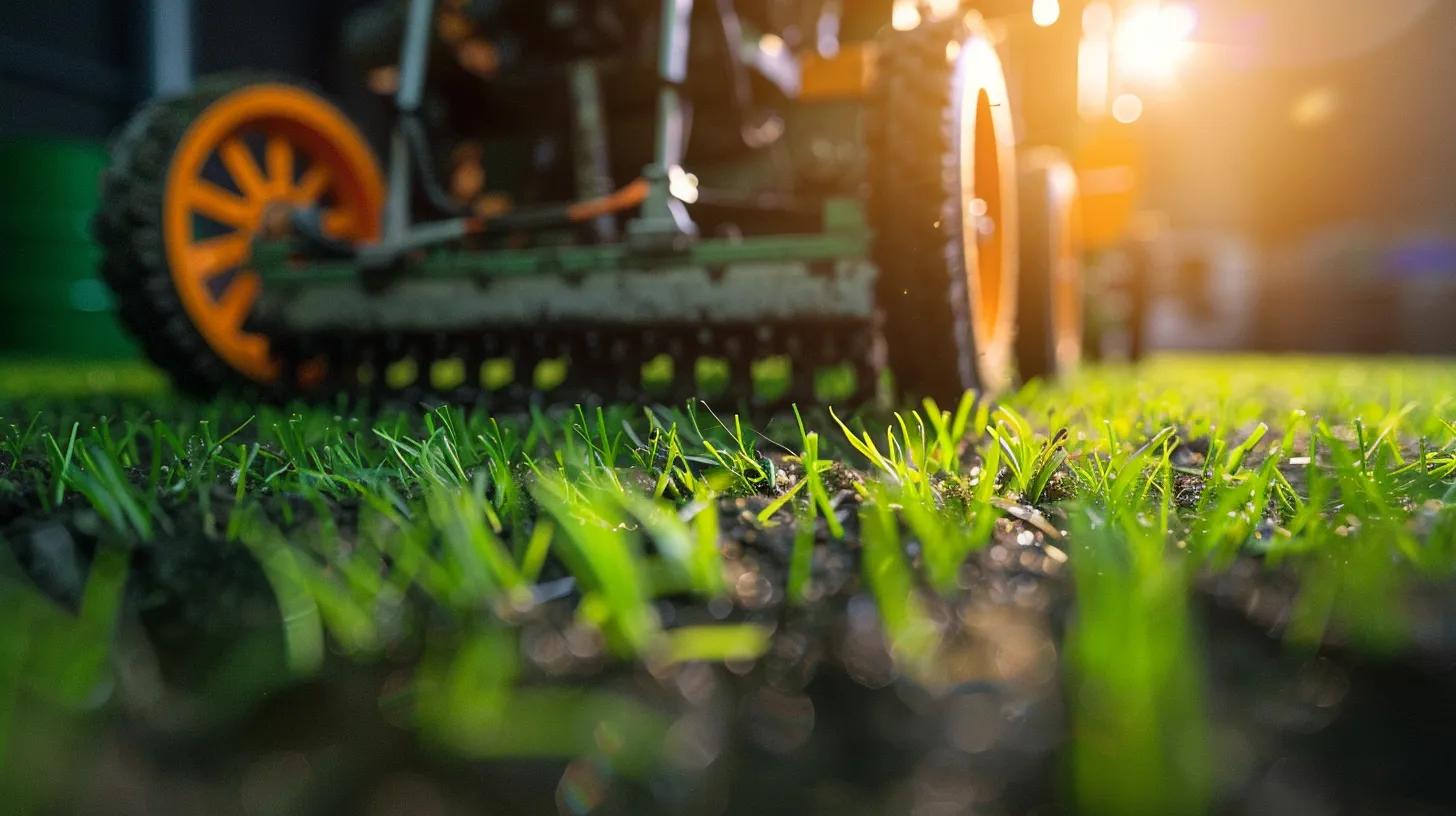 a close-up of a state-of-the-art aeration machine operating on a meticulously managed lawn, showcasing the process of overseeding with vibrant turfgrass under bright studio lighting in a modern landscaping workshop.