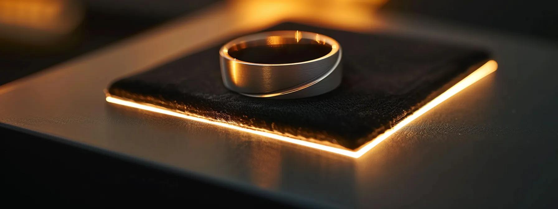 a close-up shot of an elegant white gold ring on a sleek black velvet display, highlighting its lustrous surface and intricate details while subtly reflecting the soft glow of warm, ambient lighting. a close-up shot of an elegant white gold ring on a sleek black velvet display, highlighting its lustrous surface and intricate details while subtly reflecting the soft glow of warm, ambient lighting.