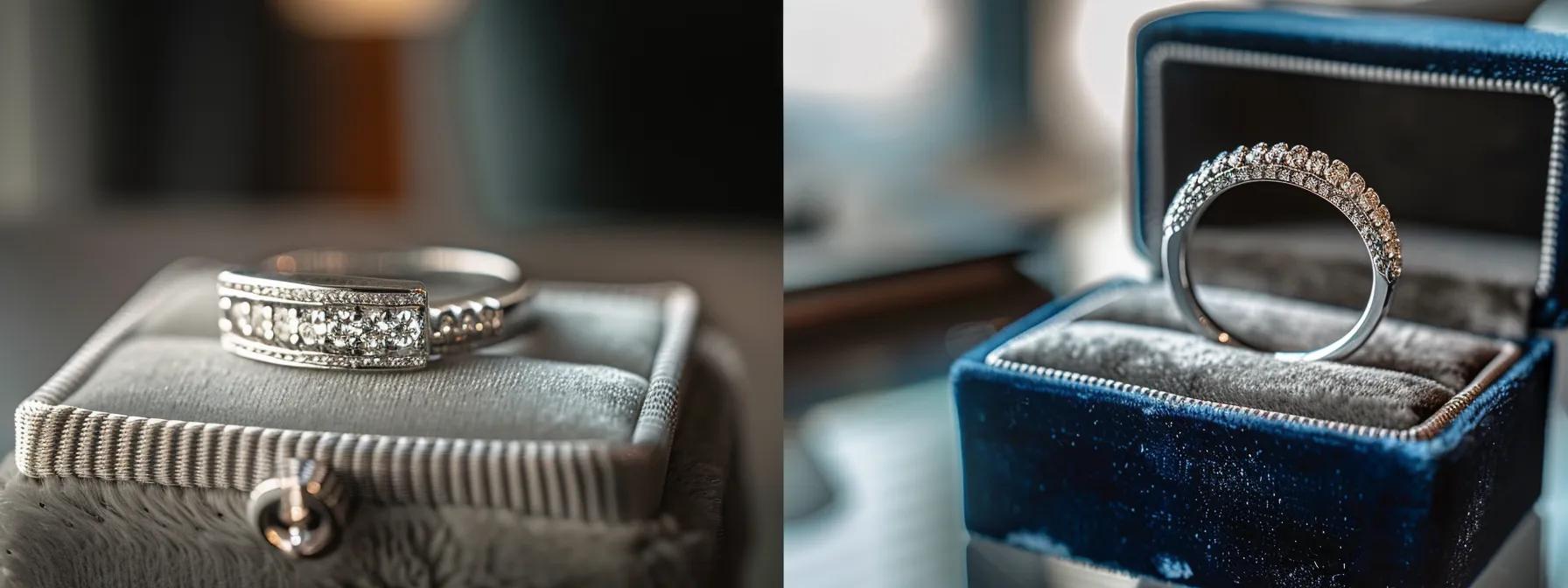 a close-up, realistic shot of a luxurious platinum ring and an elegant white gold ring displayed on a sophisticated velvet box in a sleek, modern office setting, highlighting the contrasting textures and sheen to emphasize their investment value and aesthetic appeal. a close-up, realistic shot of a luxurious platinum ring and an elegant white gold ring displayed on a sophisticated velvet box in a sleek, modern office setting, highlighting the contrasting textures and sheen to emphasize their investment value and aesthetic appeal.