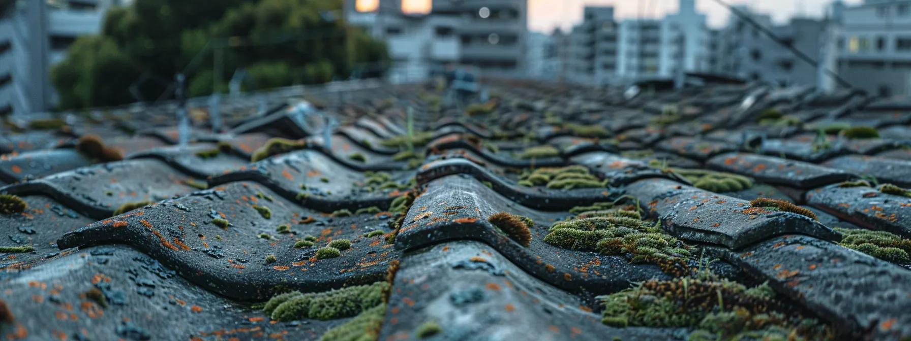 a close-up view of a weathered roof, showcasing patches of green moss and dark algae against worn shingles, under a stark urban skyline, highlighting the potential damage caused by moisture retention. a close-up view of a weathered roof, showcasing patches of green moss and dark algae against worn shingles, under a stark urban skyline, highlighting the potential damage caused by moisture retention.