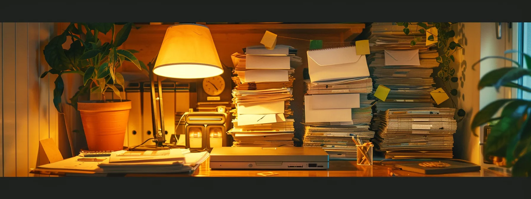 a cluttered desk with an overflowing inbox highlighted by a stack of identical, repetitive emails. a cluttered desk with an overflowing inbox highlighted by a stack of identical, repetitive emails.