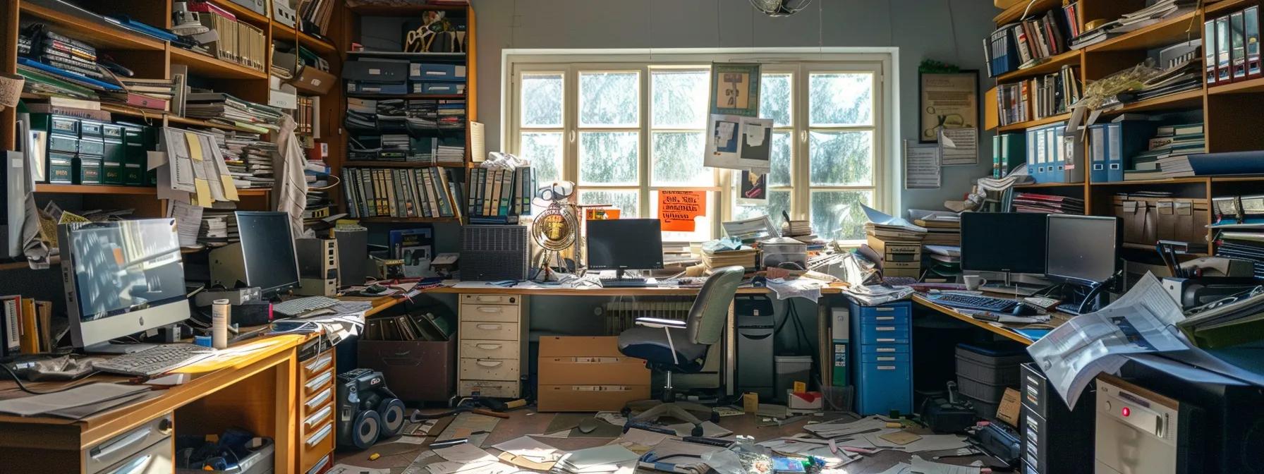 a cluttered martial arts school office showcases a frazzled instructor surrounded by scattered papers and outdated computer screens, highlighting the chaos and inefficiency caused by obsolete management software. a cluttered martial arts school office showcases a frazzled instructor surrounded by scattered papers and outdated computer screens, highlighting the chaos and inefficiency caused by obsolete management software.