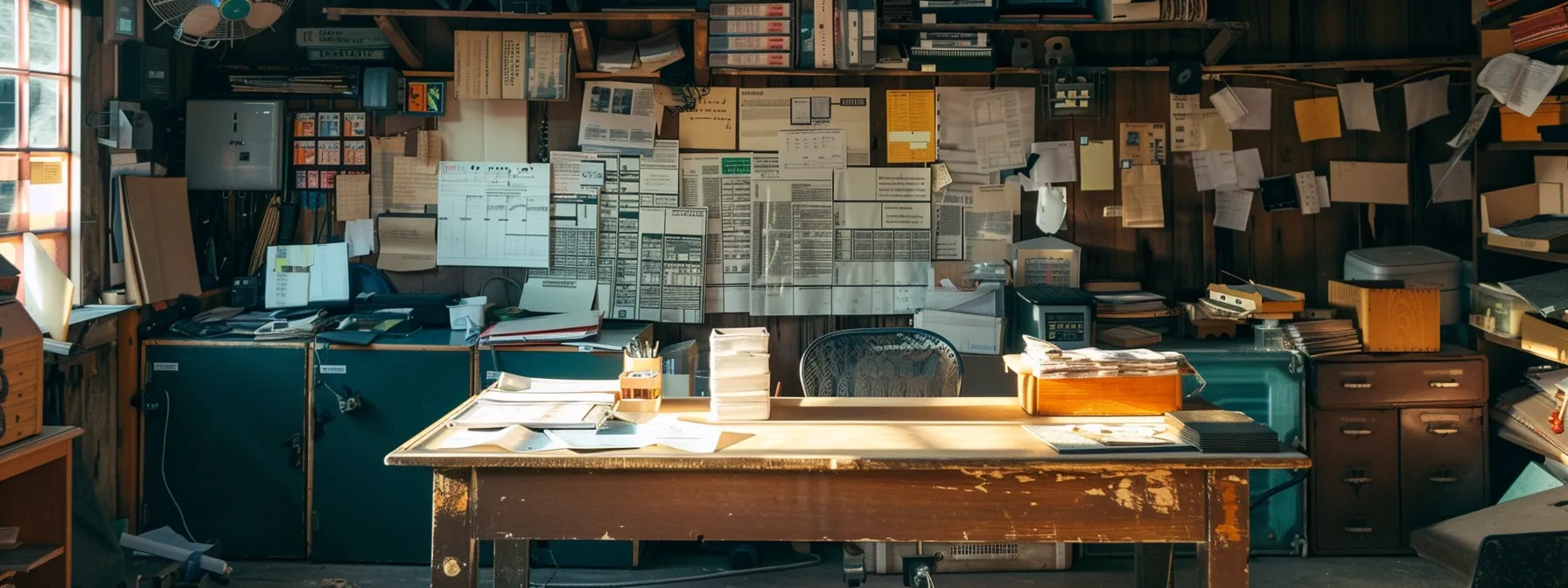 a cluttered martial arts school office featuring a worn wooden desk piled with sign-in sheets, punch cards, and clipboards, illuminated by harsh fluorescent lights, emphasizing the chaotic nature of traditional attendance tracking methods. a cluttered martial arts school office featuring a worn wooden desk piled with sign-in sheets, punch cards, and clipboards, illuminated by harsh fluorescent lights, emphasizing the chaotic nature of traditional attendance tracking methods.