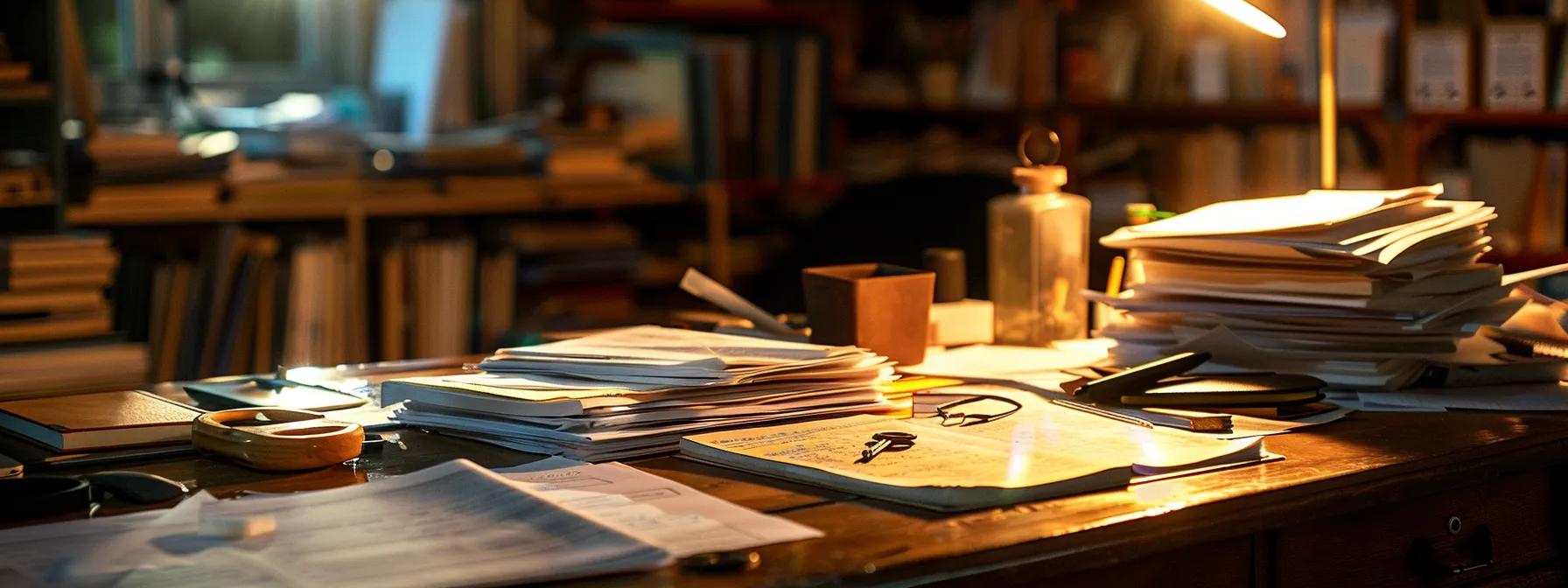 a cluttered office desk, illuminated by warm indoor lighting, showcases a chaotic array of everyday items like papers and pens, with a prominently featured set of lost keys partially hidden beneath a stack of documents, symbolizing the urgency of finding them in common spots. a cluttered office desk, illuminated by warm indoor lighting, showcases a chaotic array of everyday items like papers and pens, with a prominently featured set of lost keys partially hidden beneath a stack of documents, symbolizing the urgency of finding them in common spots.