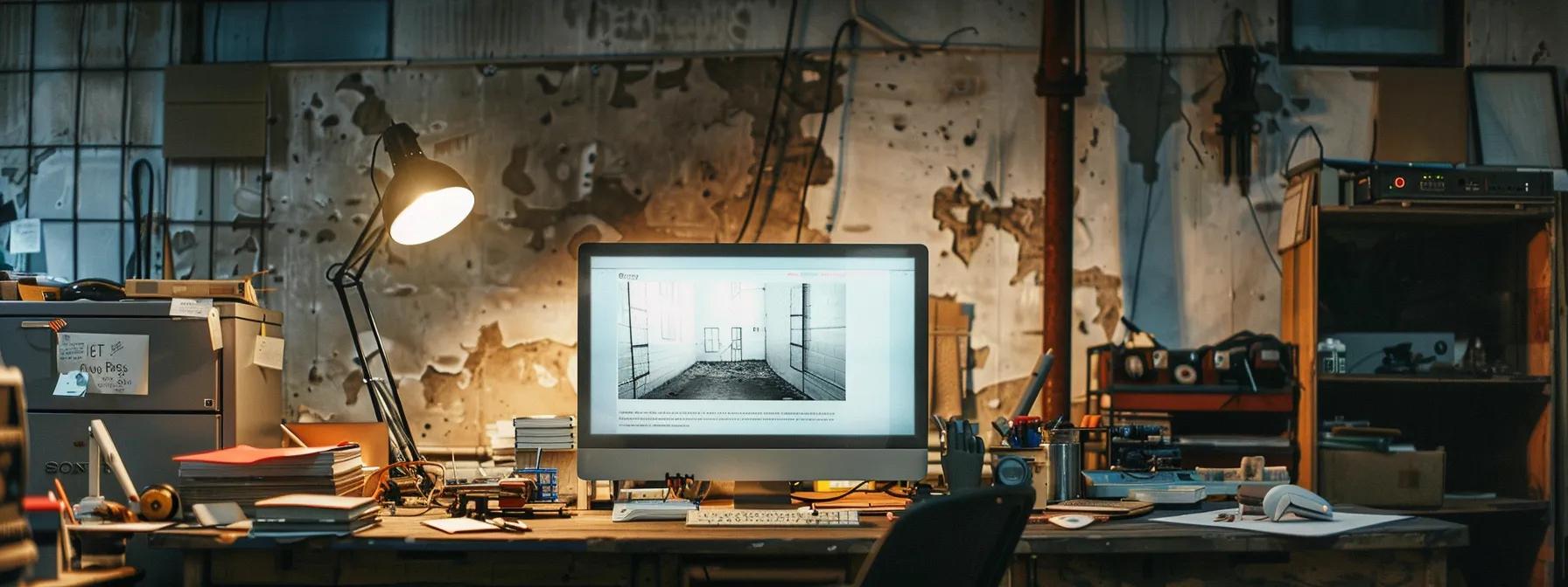 a cluttered, outdated office workspace displays a computer screen showing a slow-loading, poorly designed demolition contractor website, emphasizing frustration and lost leads with dim overhead lighting highlighting the chaotic atmosphere. a cluttered, outdated office workspace displays a computer screen showing a slow-loading, poorly designed demolition contractor website, emphasizing frustration and lost leads with dim overhead lighting highlighting the chaotic atmosphere.