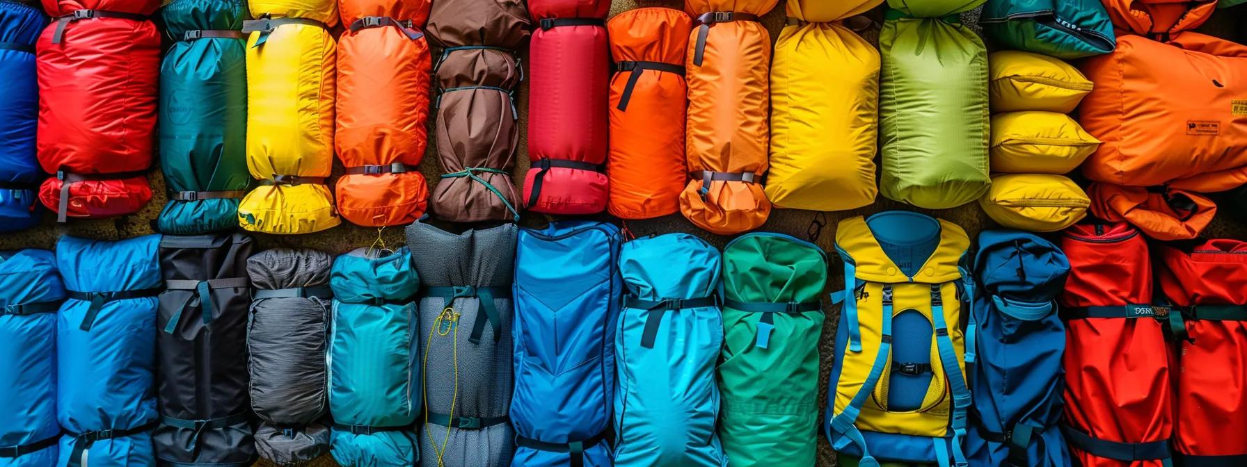 a colorful array of essential gear and clothing neatly packed in waterproof bags, ready for a family rafting adventure on the ocoee river.