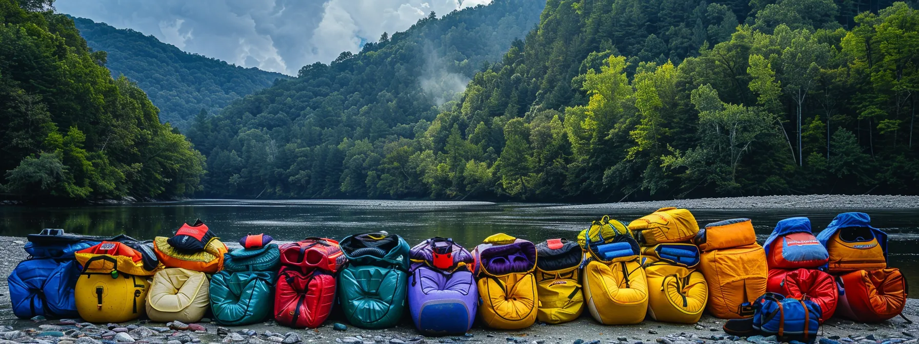 a colorful array of essential rafting safety gear, including vibrant wetsuits and sturdy water shoes, is artfully displayed against the backdrop of the picturesque cherokee national forest, capturing the spirit of adventure and protection against nature's elements.