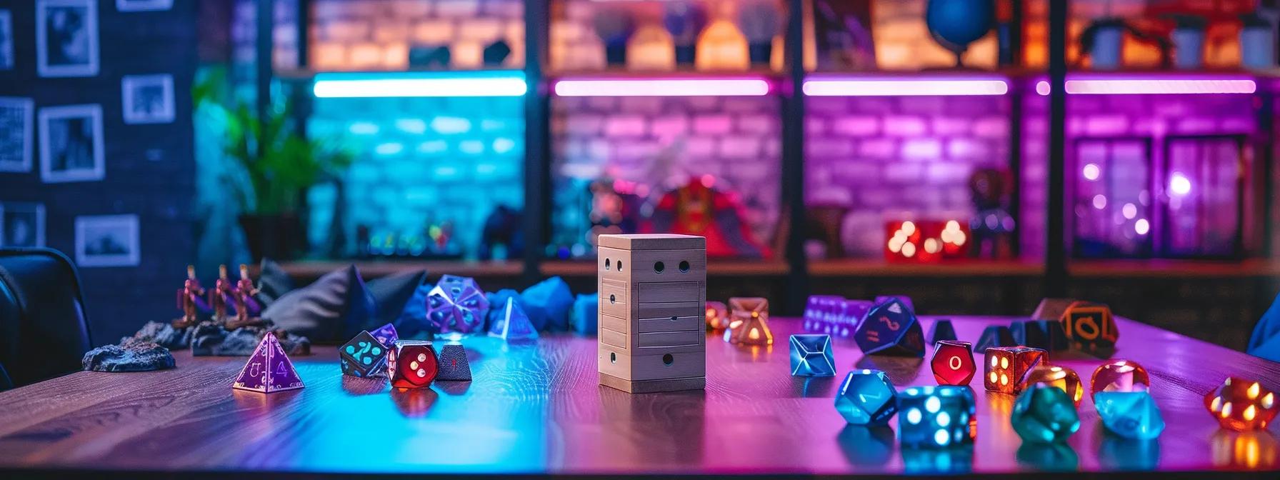 a colorful tabletop gaming setup showcases a sleek, wooden dice rolling tower surrounded by an array of vibrant game pieces and character miniatures, illuminated by soft overhead lighting in a cozy game room atmosphere.