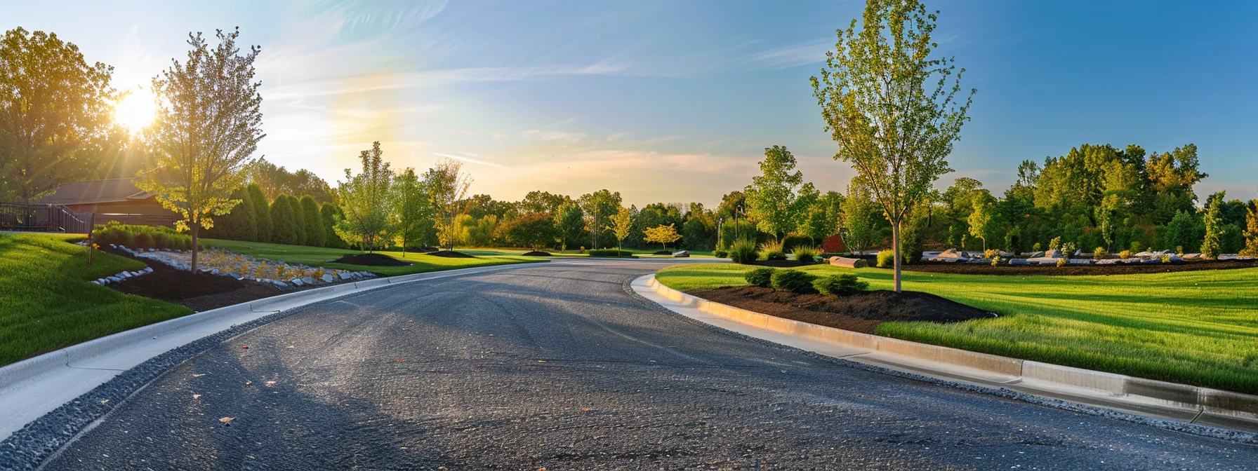 a comprehensive landscape showcasing the contrast between a bustling commercial paving site and a serene residential driveway installation, captured in warm afternoon light to emphasize the unique techniques and specialized equipment utilized in each setting. a comprehensive landscape showcasing the contrast between a bustling commercial paving site and a serene residential driveway installation, captured in warm afternoon light to emphasize the unique techniques and specialized equipment utilized in each setting.