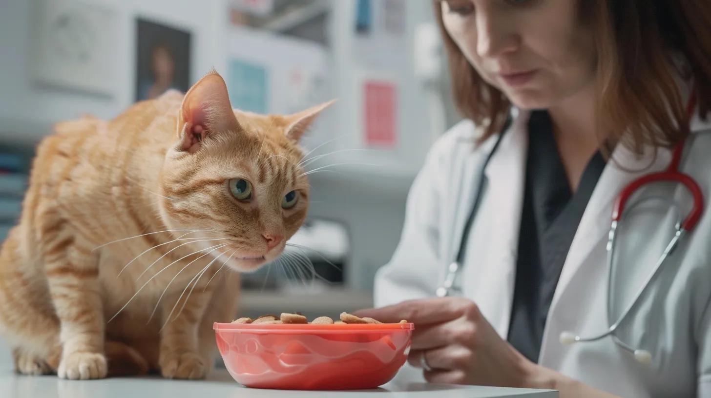 a concerned cat owner sits in a modern veterinary clinic, observing their plump cat eagerly consuming cat treats from a vibrant bowl, surrounded by informative posters about the importance of balanced nutrition and preventing overfeeding. a concerned cat owner sits in a modern veterinary clinic, observing their plump cat eagerly consuming cat treats from a vibrant bowl, surrounded by informative posters about the importance of balanced nutrition and preventing overfeeding.