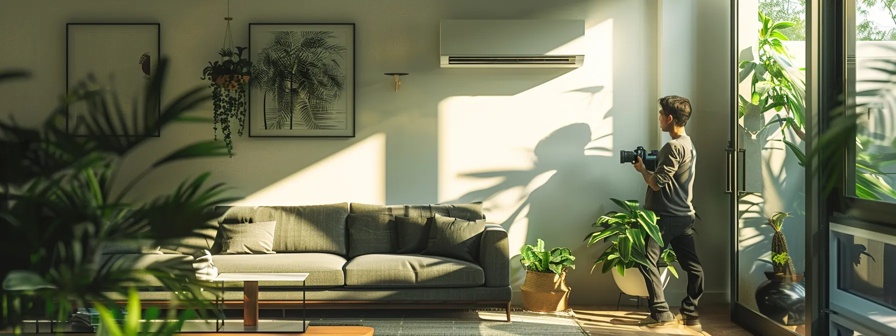a concerned homeowner inspects a sleek air conditioning unit in a modern living room as warm air escapes from the vents, emphasizing the urgency of an impending summer repair. a concerned homeowner inspects a sleek air conditioning unit in a modern living room as warm air escapes from the vents, emphasizing the urgency of an impending summer repair.