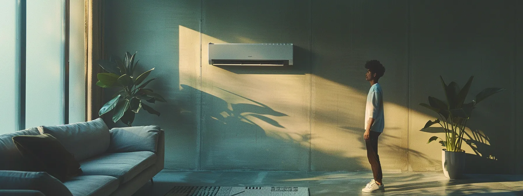 a concerned homeowner stands in a modern, well-lit living room, peering thoughtfully at a sleek, wall-mounted air conditioning unit while the air fills with faint, unpleasant odors, hinting at issues that require urgent professional attention. a concerned homeowner stands in a modern, well-lit living room, peering thoughtfully at a sleek, wall-mounted air conditioning unit while the air fills with faint, unpleasant odors, hinting at issues that require urgent professional attention.