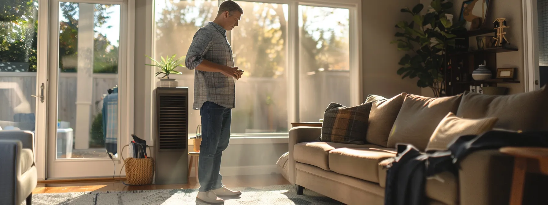 a concerned homeowner stands in a modern living room, inspecting a dusty air vent while a professional technician prepares duct cleaning equipment in the background, highlighting the importance of maintaining indoor air quality in a suburban new jersey home. a concerned homeowner stands in a modern living room, inspecting a dusty air vent while a professional technician prepares duct cleaning equipment in the background, highlighting the importance of maintaining indoor air quality in a suburban new jersey home.