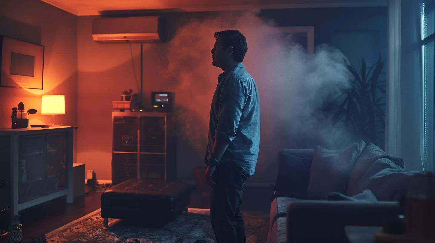 a concerned homeowner stands in a modern, dimly lit living room, looking skeptically at a visibly old and malfunctioning hvac unit, while ominous dark smoke subtly wafts from its vents, symbolizing the urgent need for repair due to unpleasant odors and potential health hazards. a concerned homeowner stands in a modern, dimly lit living room, looking skeptically at a visibly old and malfunctioning hvac unit, while ominous dark smoke subtly wafts from its vents, symbolizing the urgent need for repair due to unpleasant odors and potential health hazards.
