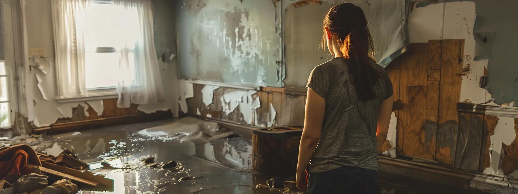 a concerned homeowner surveys the aftermath of water damage in a well-lit, partially restored room, highlighting the critical considerations of hiring a contractor for effective restoration.
