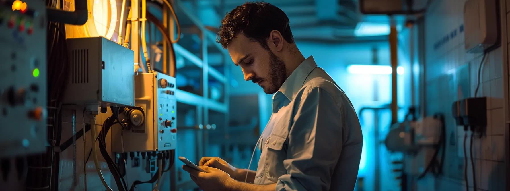 a concerned technician inspects a dimly lit office area with visible gas leak detection equipment, focusing intently on a gas sensor while a faint gas warning indicator glows ominously in the background. a concerned technician inspects a dimly lit office area with visible gas leak detection equipment, focusing intently on a gas sensor while a faint gas warning indicator glows ominously in the background.