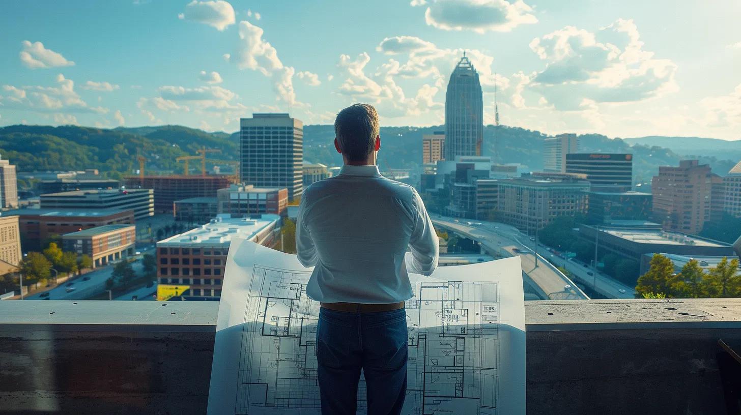 a confident architect overlooks a vibrant knoxville skyline, surrounded by blueprints and construction plans, embodying the essence of professionalism and careful consideration in choosing a commercial contractor. a confident architect overlooks a vibrant knoxville skyline, surrounded by blueprints and construction plans, embodying the essence of professionalism and careful consideration in choosing a commercial contractor.